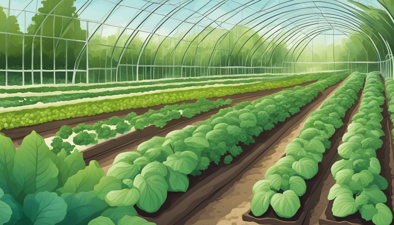 A lush organic vegetable garden with rows of cucumber plants, surrounded by various other vegetables. A few cucumber beetles are visible on the leaves