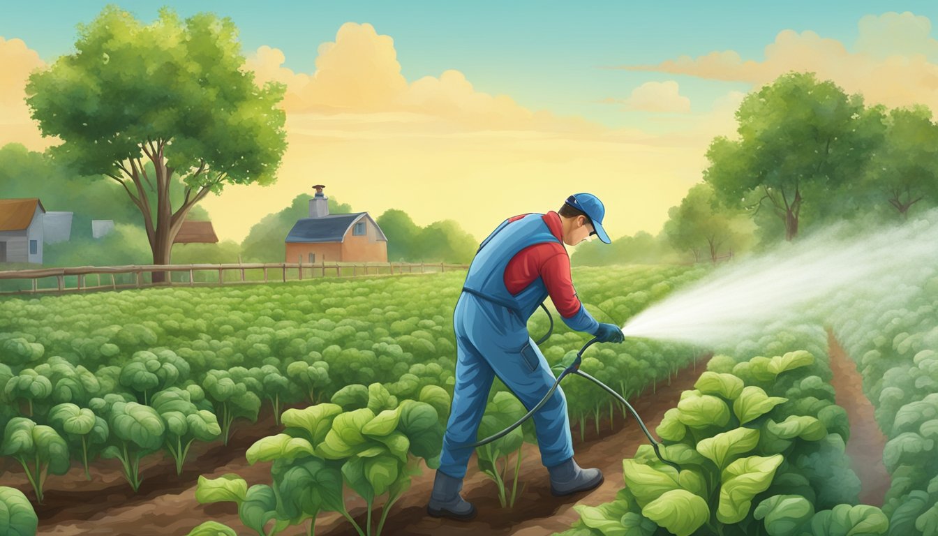 A gardener spraying pesticide on vegetable plants infested with flea beetles