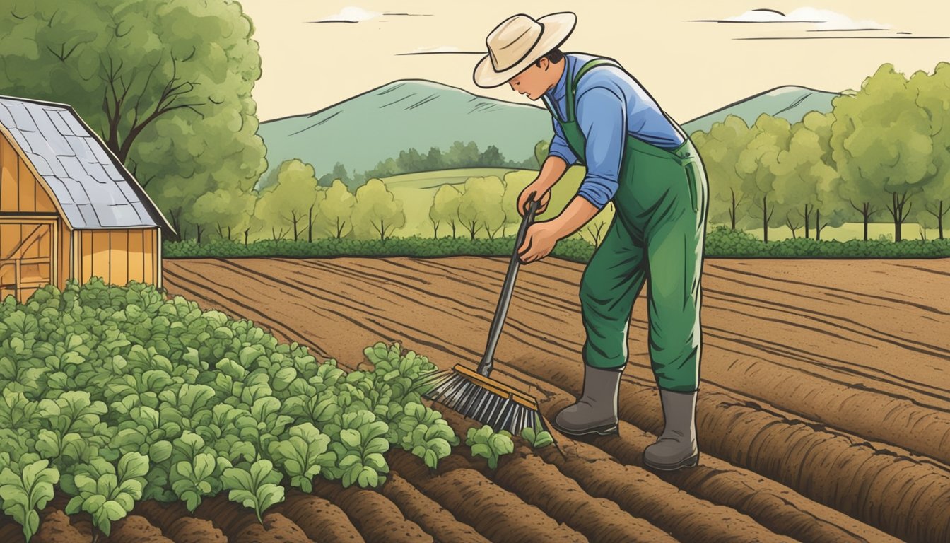 A farmer tilling the soil in a vegetable garden while using natural methods to manage flea beetles