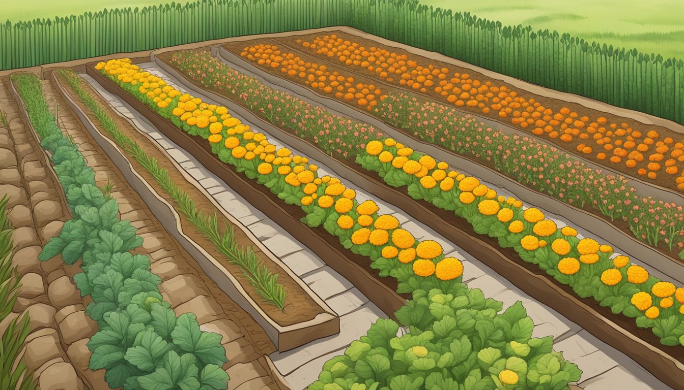 A garden with rows of healthy, thriving root crops surrounded by natural deterrents such as marigolds and companion plants to prevent carrot fly infestation