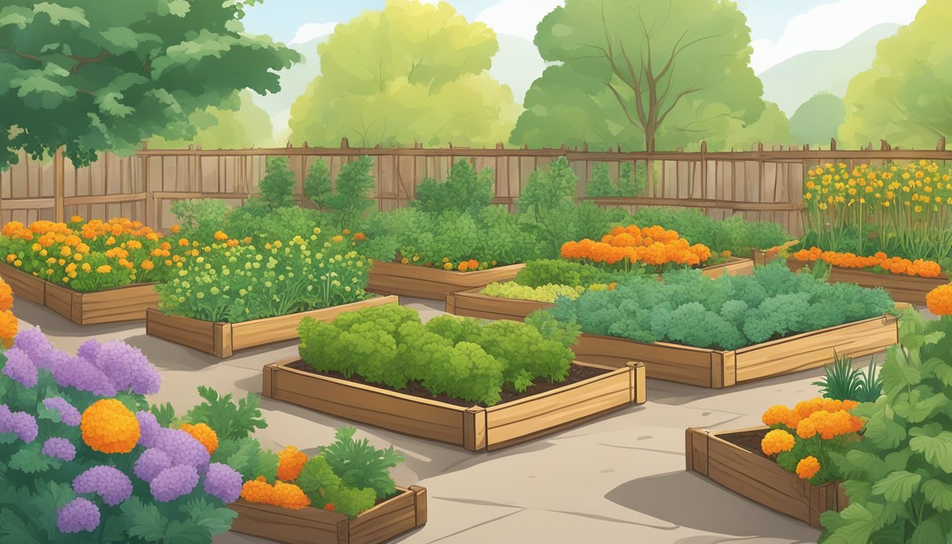 A garden scene with various carrot varieties growing in raised beds, surrounded by natural deterrents such as marigolds and companion plants to prevent carrot fly infestation