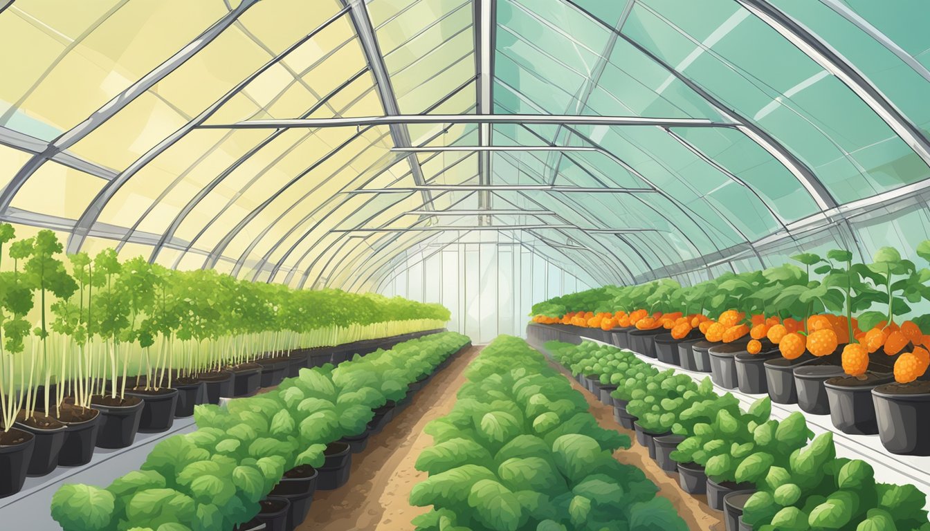 A greenhouse with rows of healthy vegetable plants, surrounded by whitefly traps and natural predators like ladybugs and lacewings