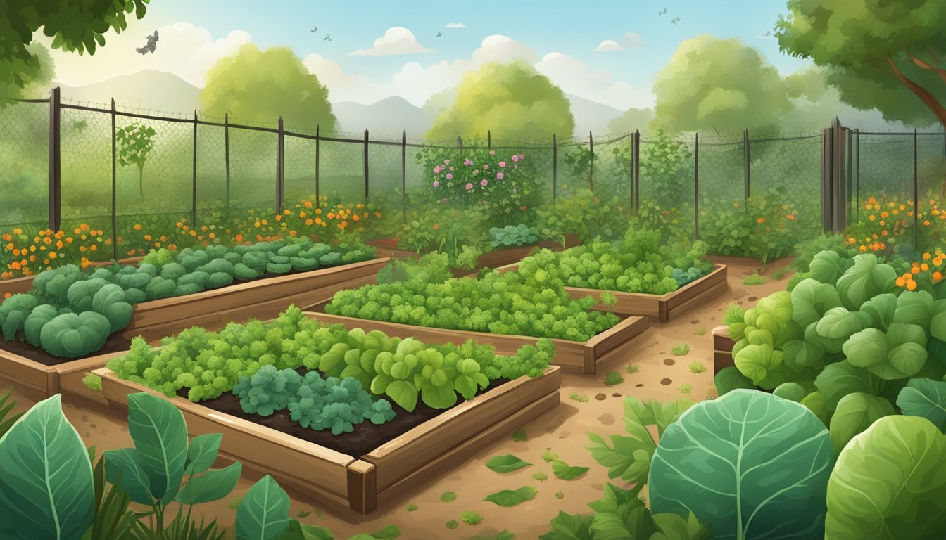 A lush vegetable garden with nibbled leaves and scattered animal footprints, surrounded by humane pest control measures such as fences, netting, and natural deterrents