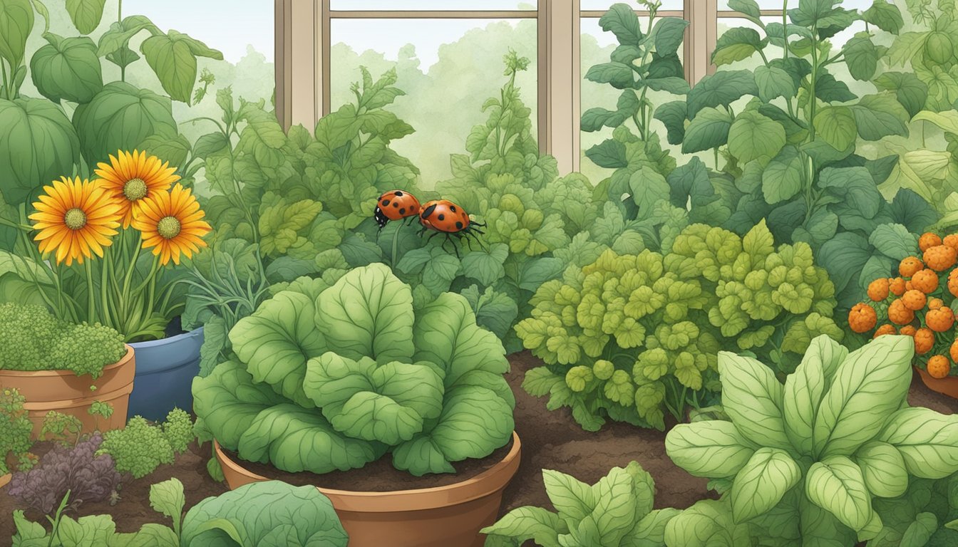 A garden scene with various vegetable plants infested with spider mites. Natural remedies such as ladybugs, neem oil, and predatory mites are being used for management