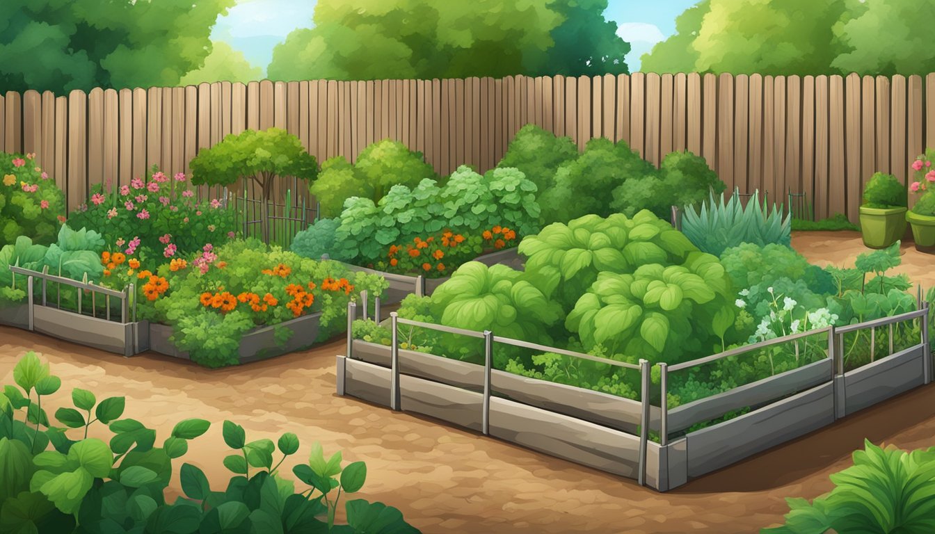 A lush vegetable garden surrounded by a sturdy fence, with various humane pest control solutions in place to protect the plants from vertebrate pests