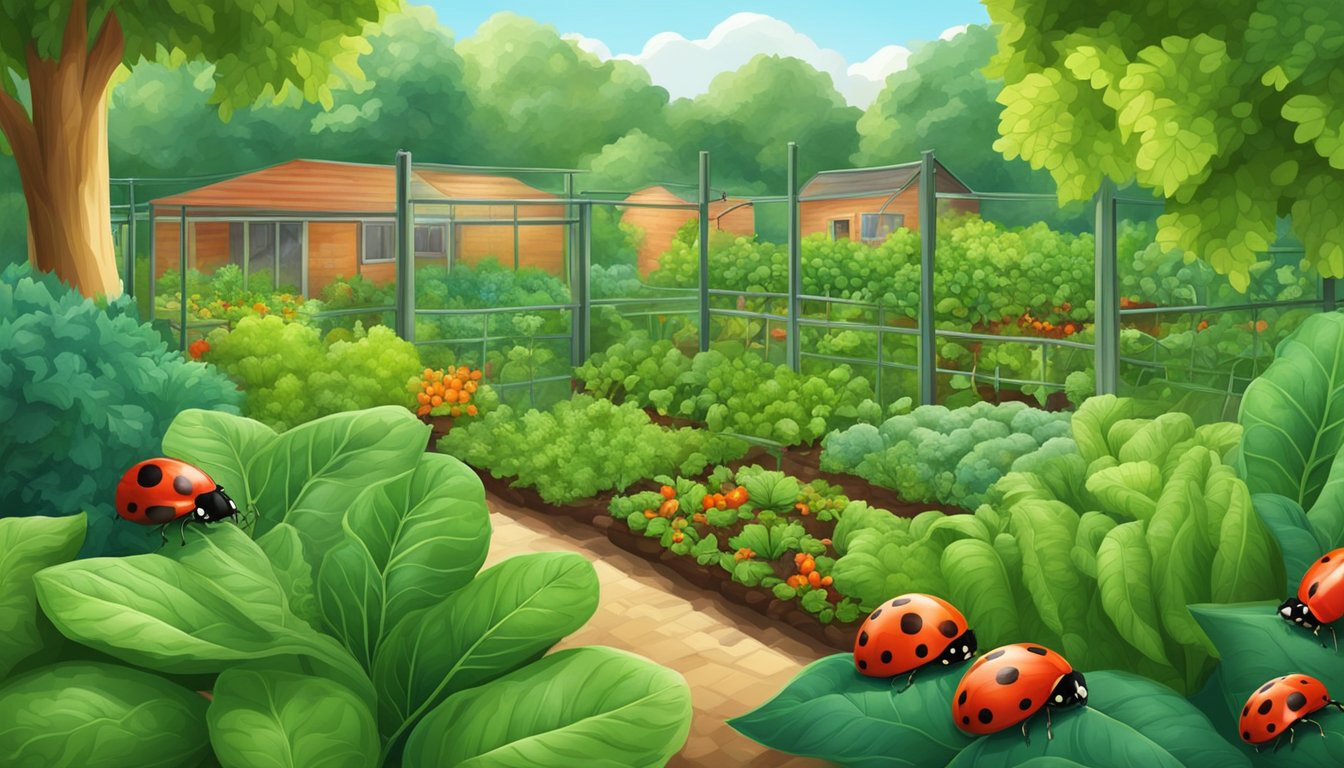 A lush vegetable garden with natural predators like ladybugs and birds, keeping pests at bay among the vibrant greenery