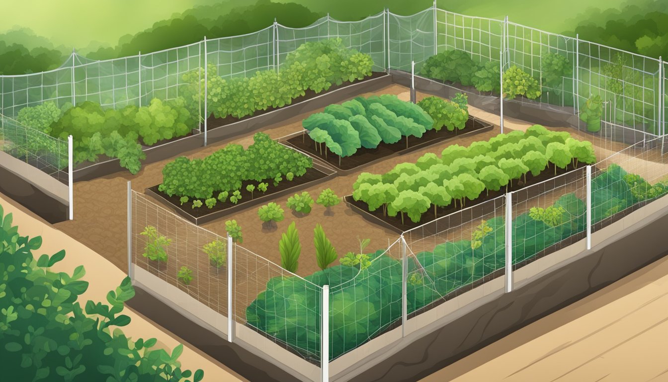 A vegetable garden with various plants surrounded by a mesh fence to keep out vertebrate pests. A small, humane trap is set up to catch any unwanted animals