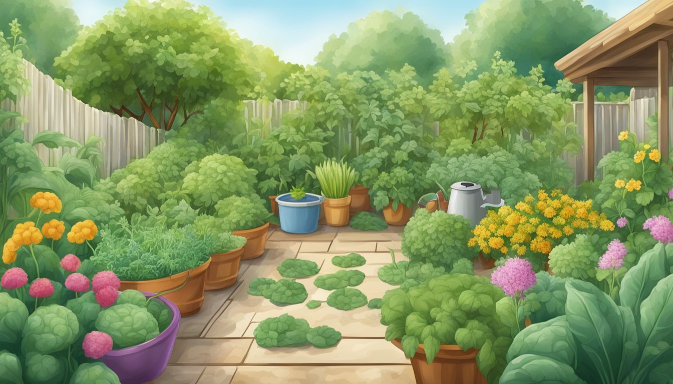 A garden scene with various vegetable plants surrounded by natural powdery mildew prevention methods such as neem oil, baking soda, and milk spray bottles