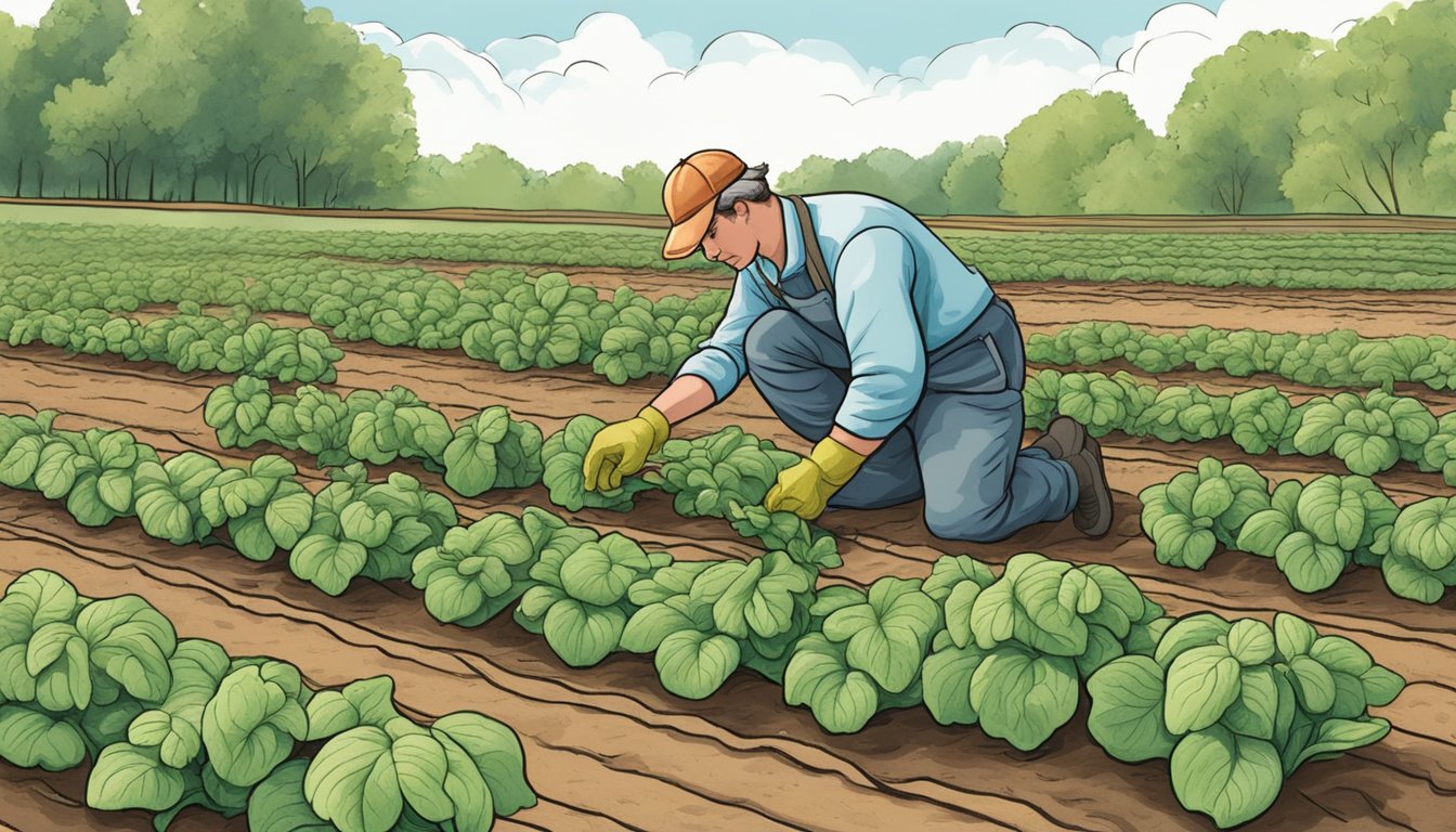 A gardener placing row covers over potato plants to prevent Colorado potato beetle infestation