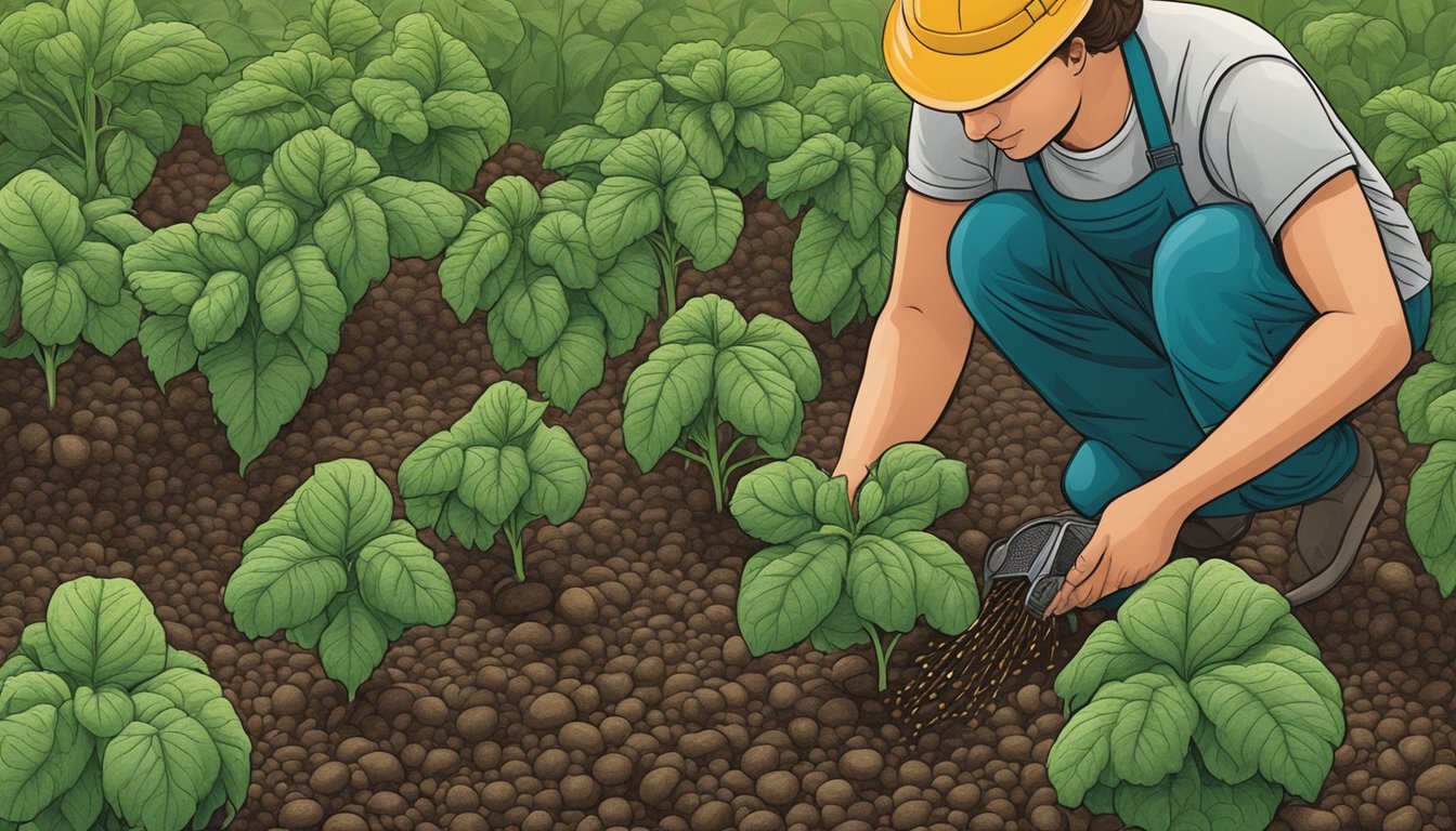 A gardener carefully removes Colorado potato beetle larvae from organic potato plants