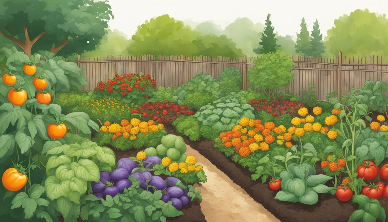 A lush vegetable garden with diverse plants, including tomatoes and peppers, thriving in healthy soil, surrounded by natural barriers like marigolds and mulch to prevent bacterial wilt