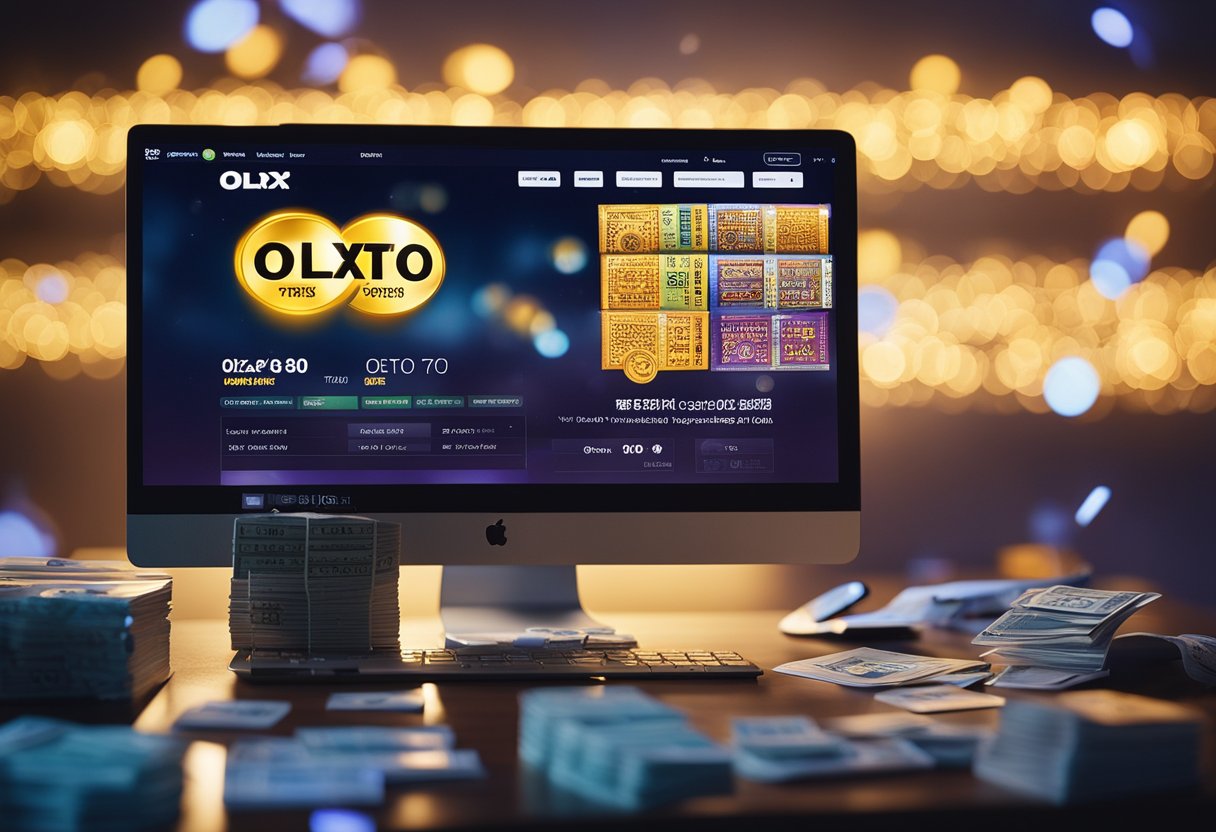 Sebuah layar komputer yang bersinar dengan situs web OLXTOTO terbuka, dikelilingi oleh tiket lotere dan jimat keberuntungan