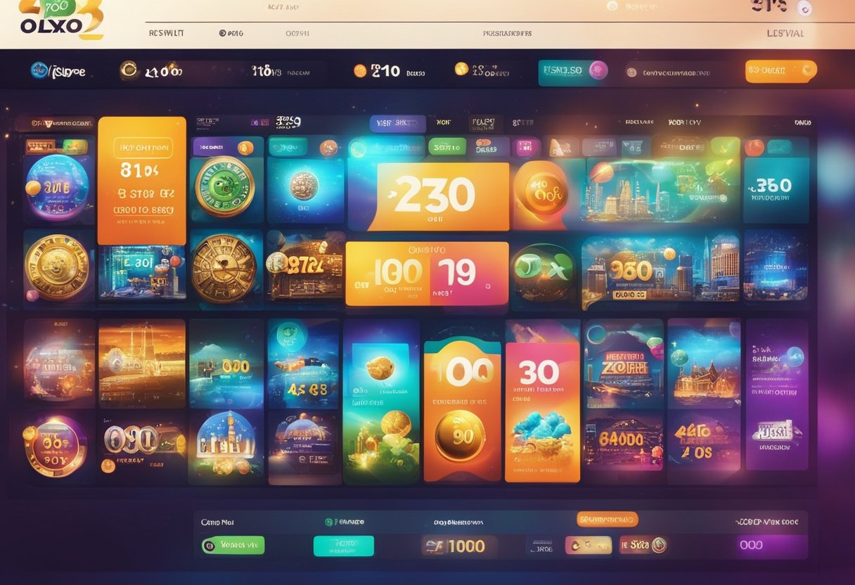 Antarmuka digital yang berwarna-warni dan hidup menampilkan berbagai permainan lotere dan hadiah jackpot di situs web OLXTOTO