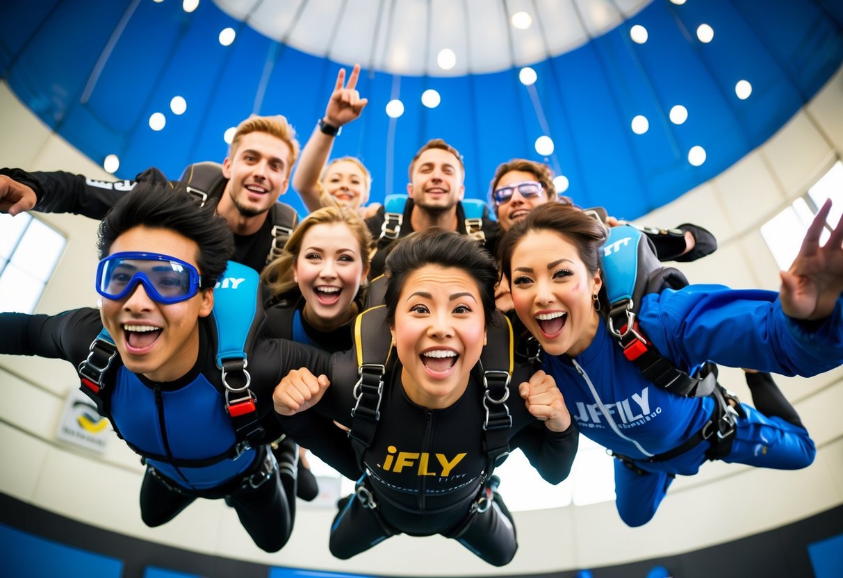 A group of people enjoying a thrilling indoor skydiving experience at iFly Promotions, with wind blowing and excitement on their faces