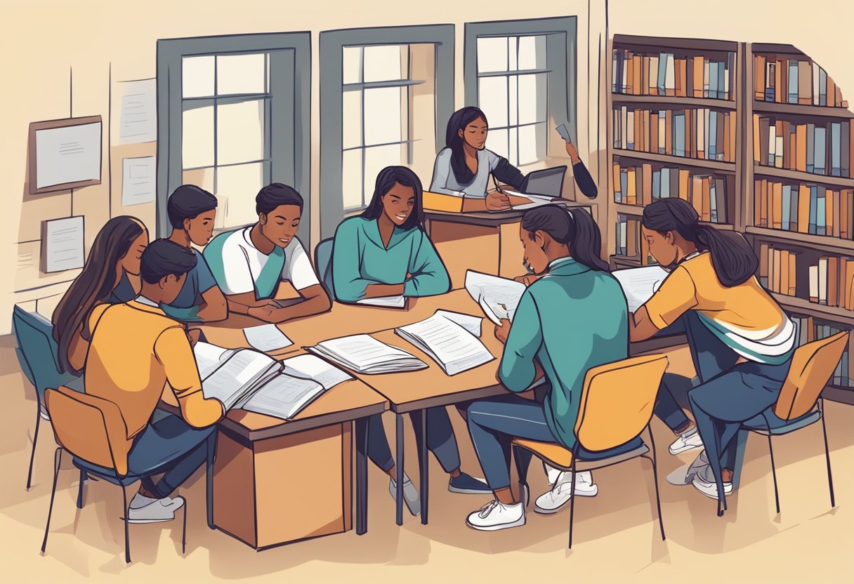 A group of students brainstorming in a library, surrounded by books and papers, writing down various team names for a debate competition