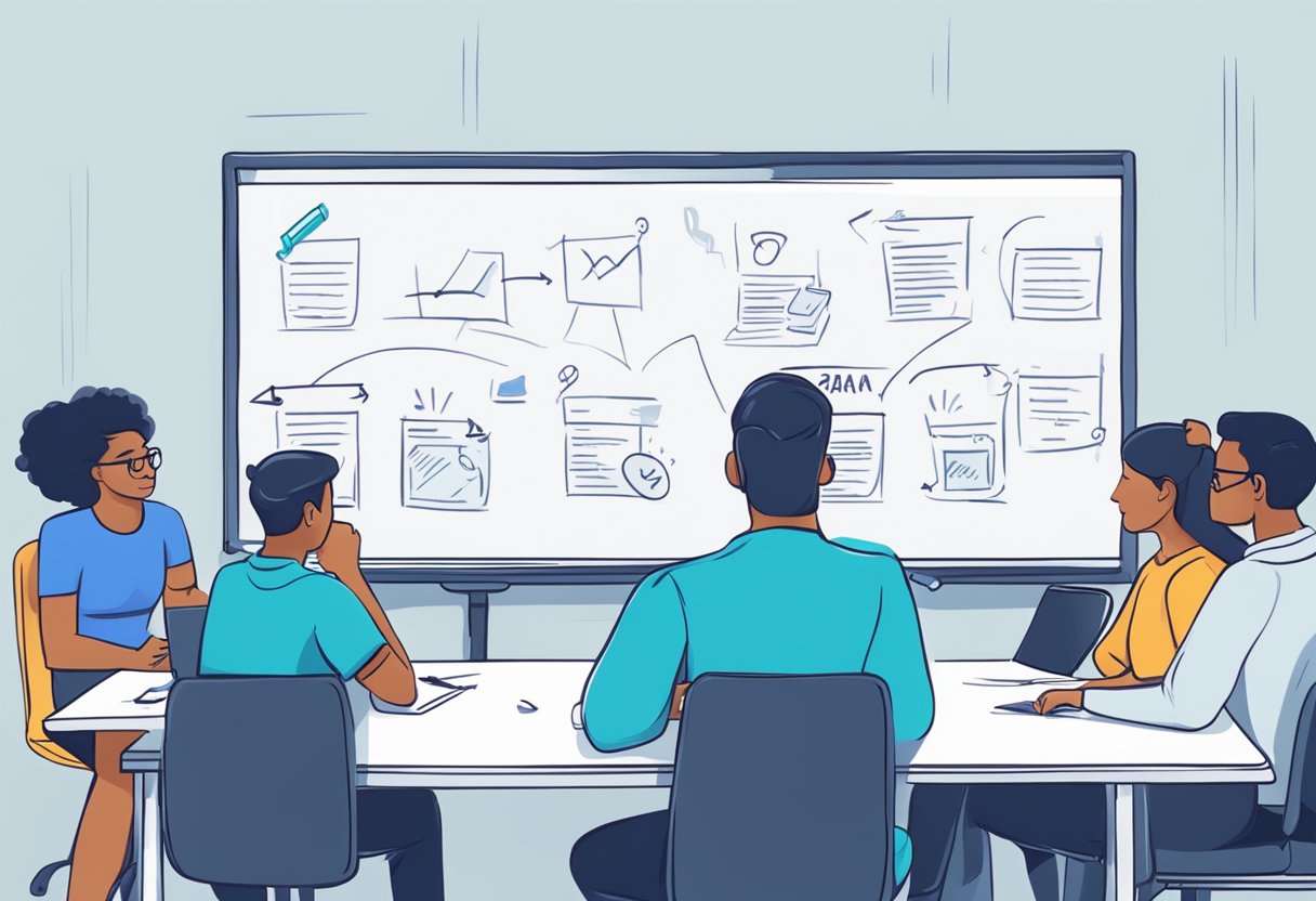 A group of people brainstorming and writing down ideas on a whiteboard to finalize their team name for a debate competition