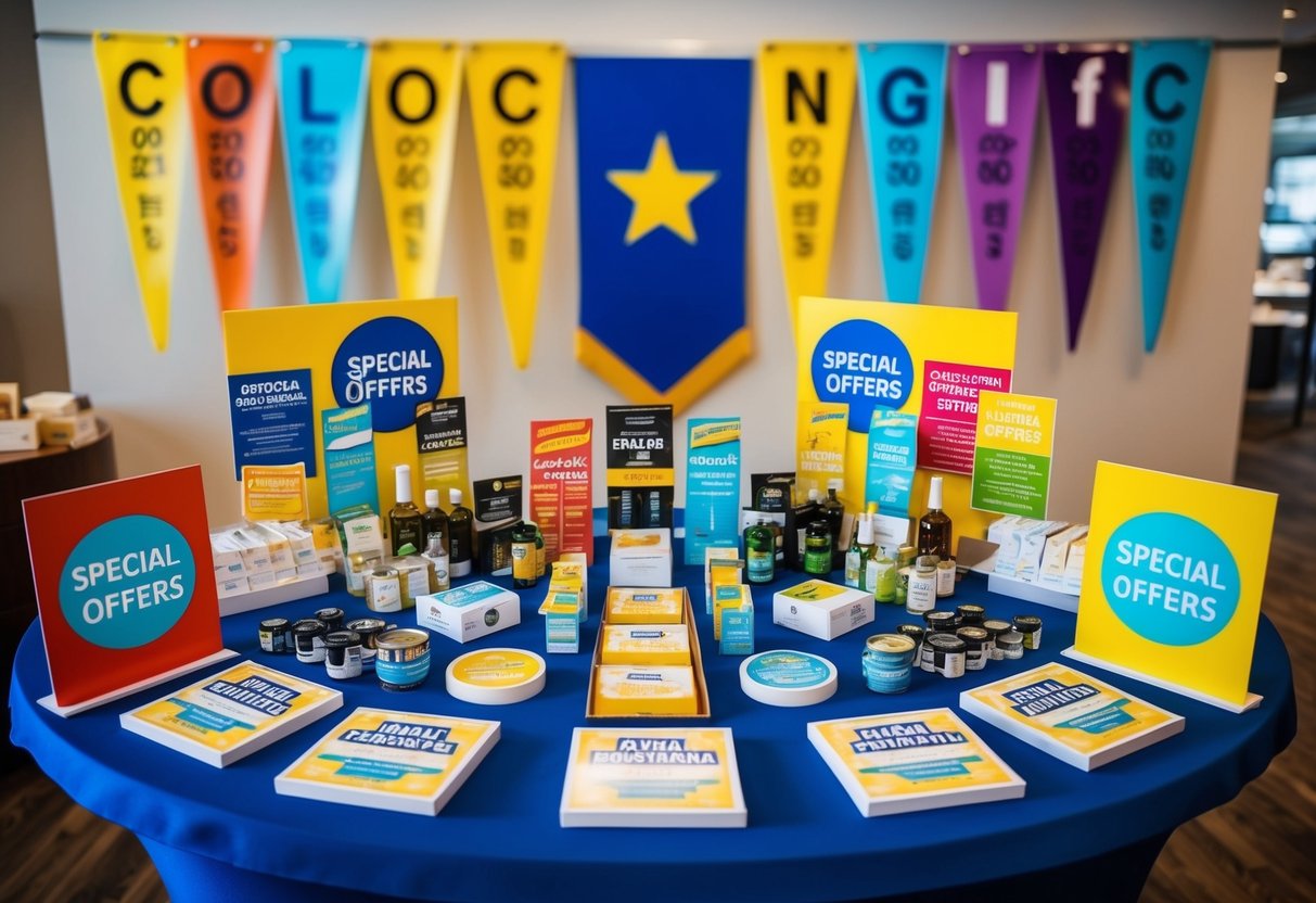 A table with various products displayed, surrounded by colorful banners and signs promoting special offers
