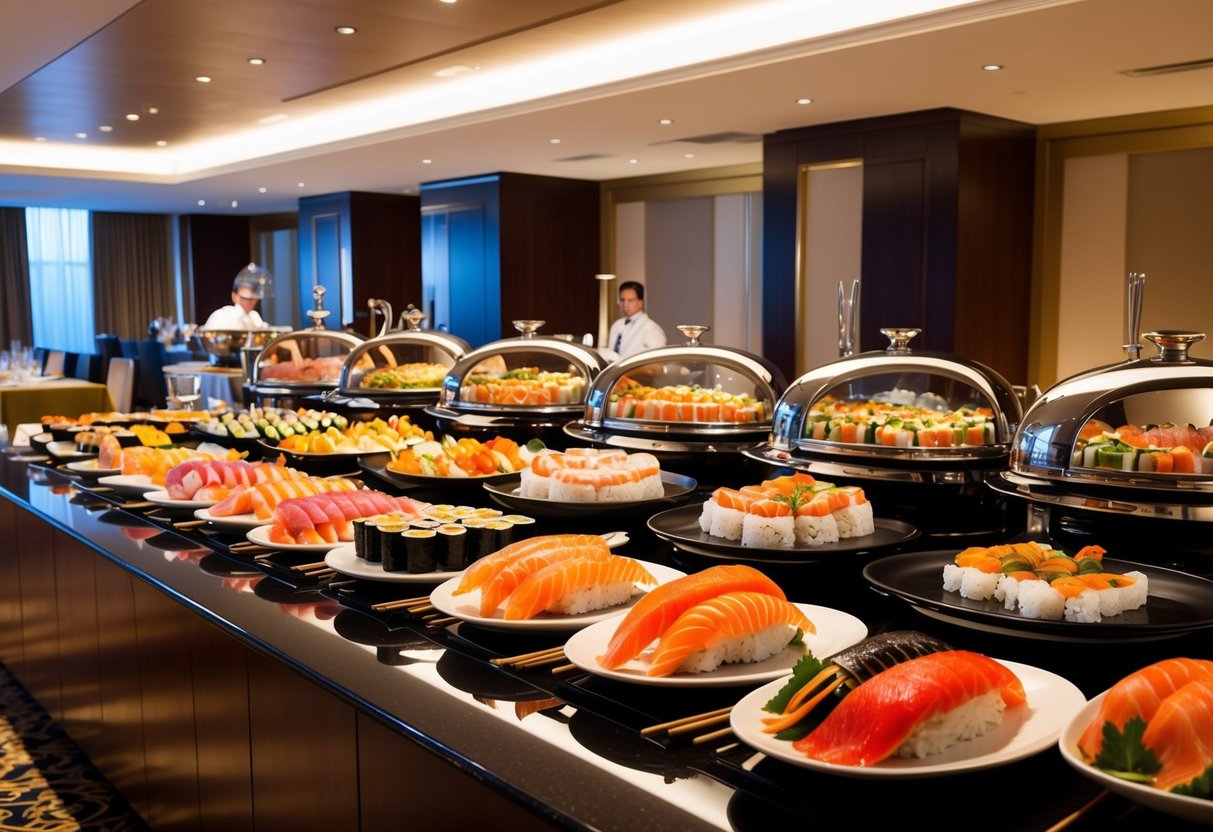 A lavish buffet spread of colorful sushi and sashimi at JW Marriott, with elegant table settings and a bustling dining area