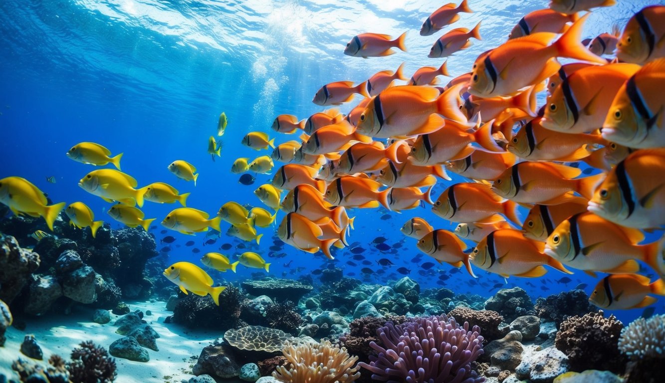 Dunia bawah laut yang berwarna-warni dengan ikan-ikan yang cerah dan aksi tembak yang dinamis