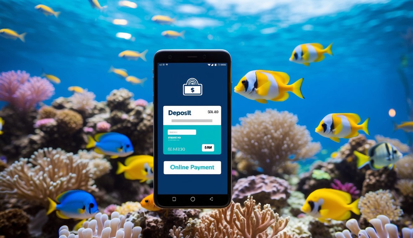 Sebuah dunia bawah laut yang tenang dengan ikan berwarna-warni dan terumbu karang, dengan perangkat digital yang menampilkan transaksi deposit menggunakan pembayaran online