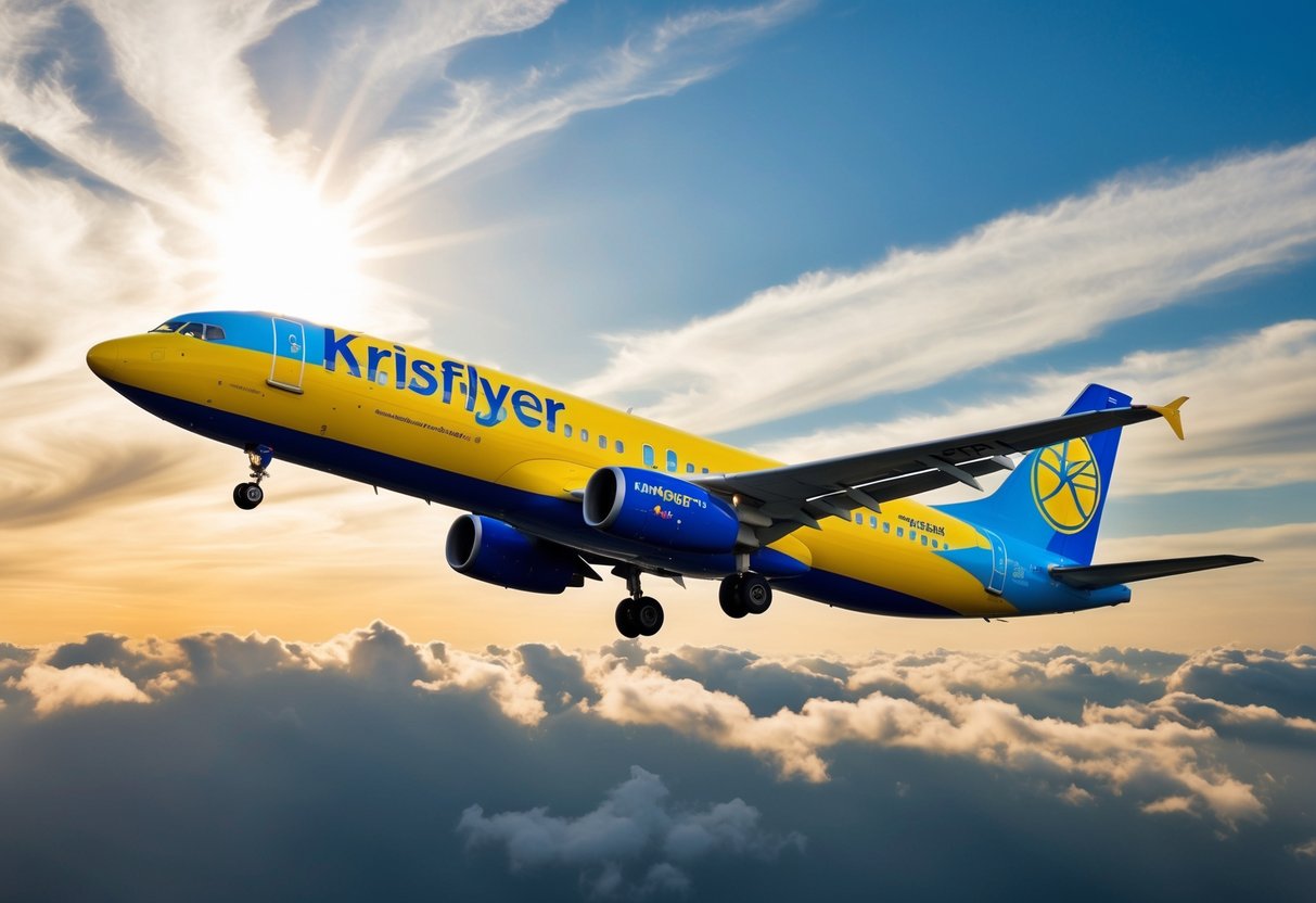 A colorful airplane flying through a sky filled with clouds and a bright sun, with the KrisFlyer logo displayed prominently on its tail
