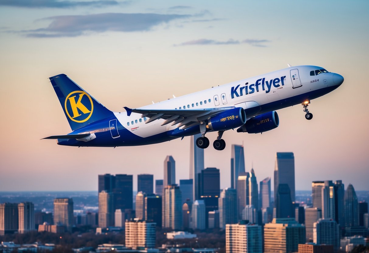 A plane flying over a city skyline with the KrisFlyer logo prominently displayed