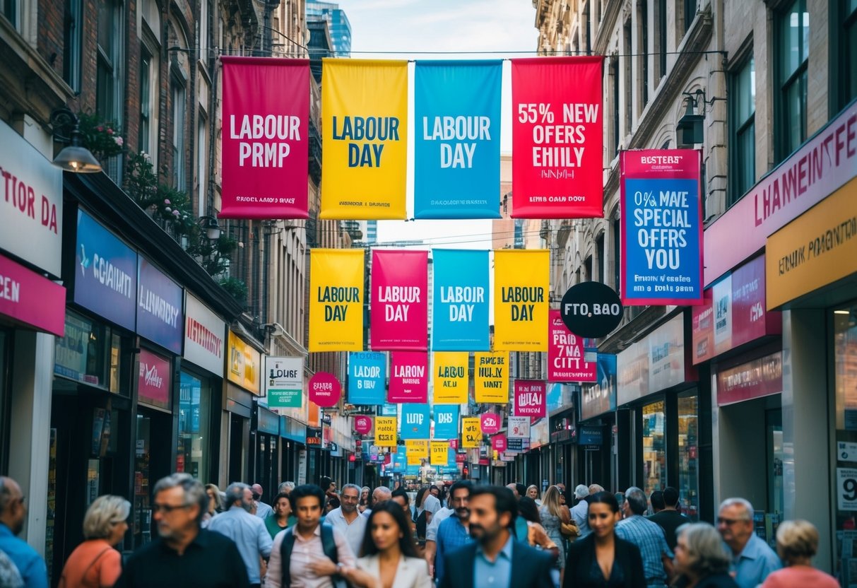A bustling city street filled with colorful banners and signs advertising Labour Day promotions. Storefronts display discounts and special offers