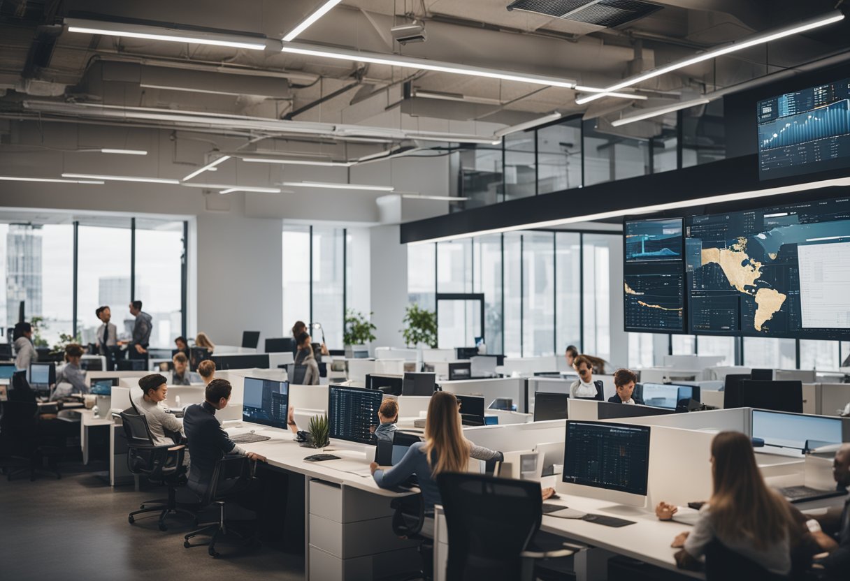A bustling office with employees collaborating, surrounded by marketing materials and data charts, all centered around the Brevo logo