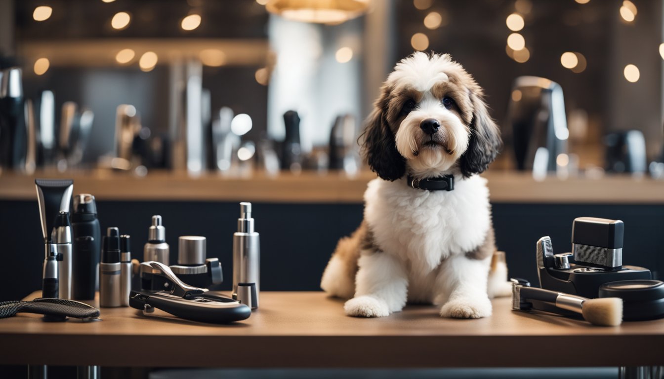 A mini Bernedoodle stands on a grooming table, surrounded by various grooming tools. Its stylish haircut features a neatly trimmed coat and a fluffy, well-shaped head