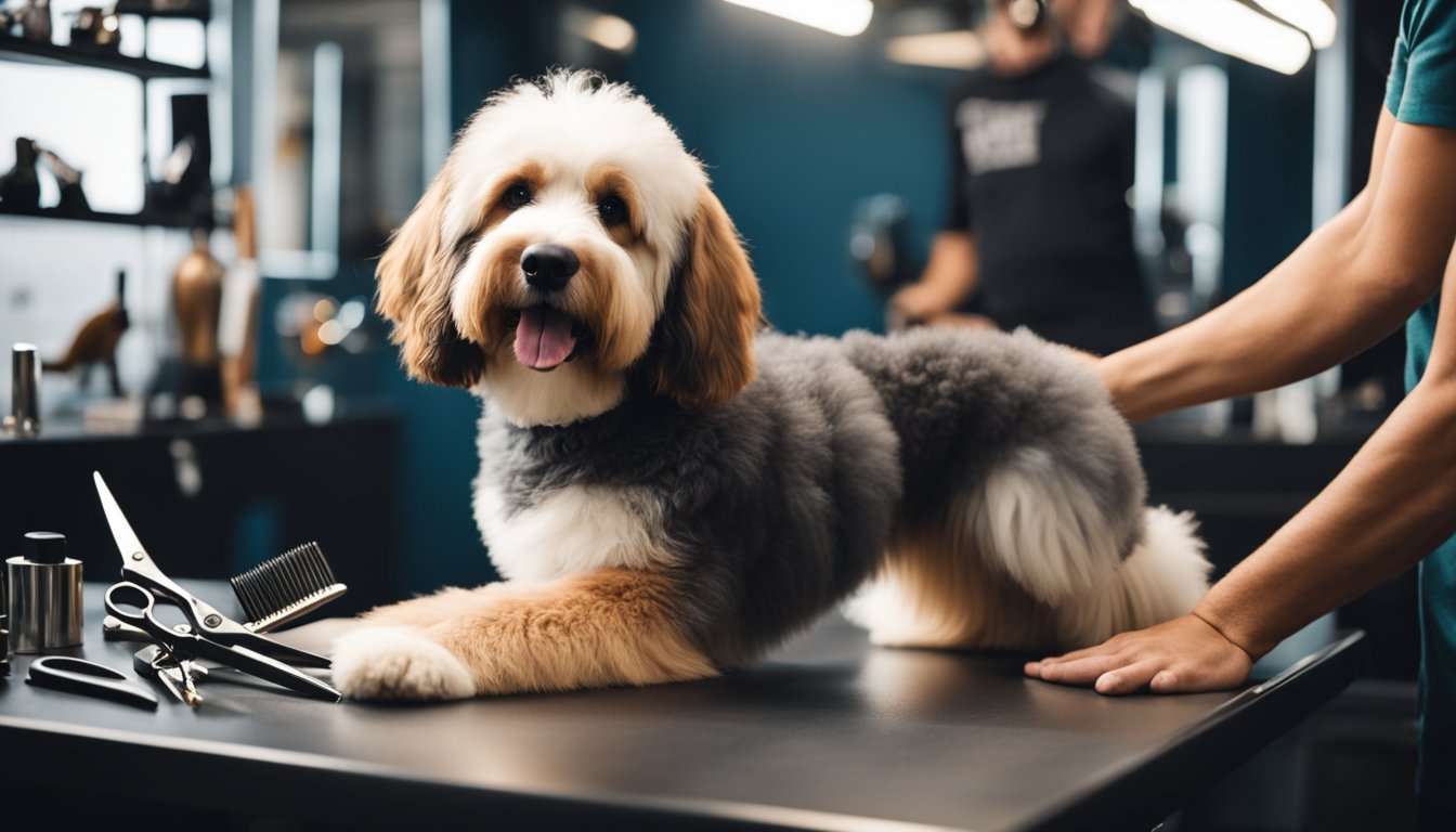 A Mini Bernedoodle stands on a grooming table, surrounded by brushes and scissors. The groomer carefully trims its fluffy coat into a stylish haircut