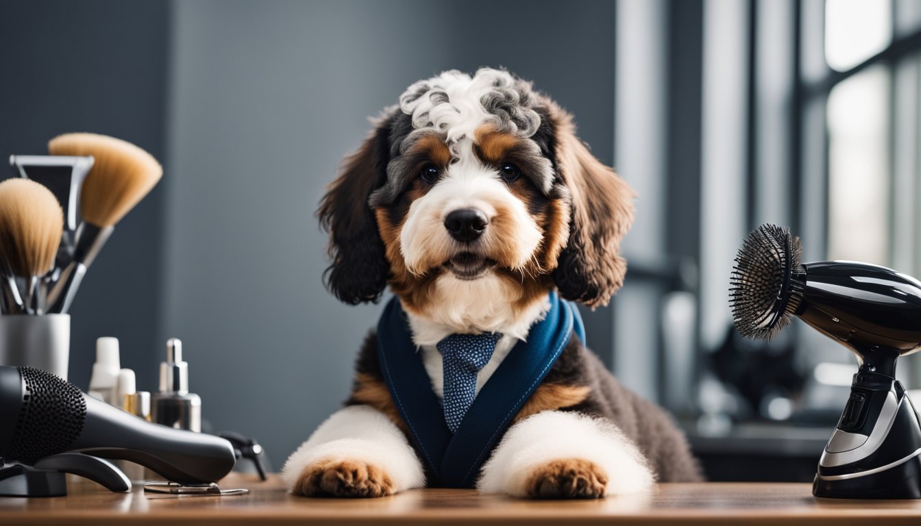 A Mini Bernedoodle stands on a grooming table, surrounded by brushes, scissors, and a hairdryer. Its stylish haircut showcases the importance of proper grooming