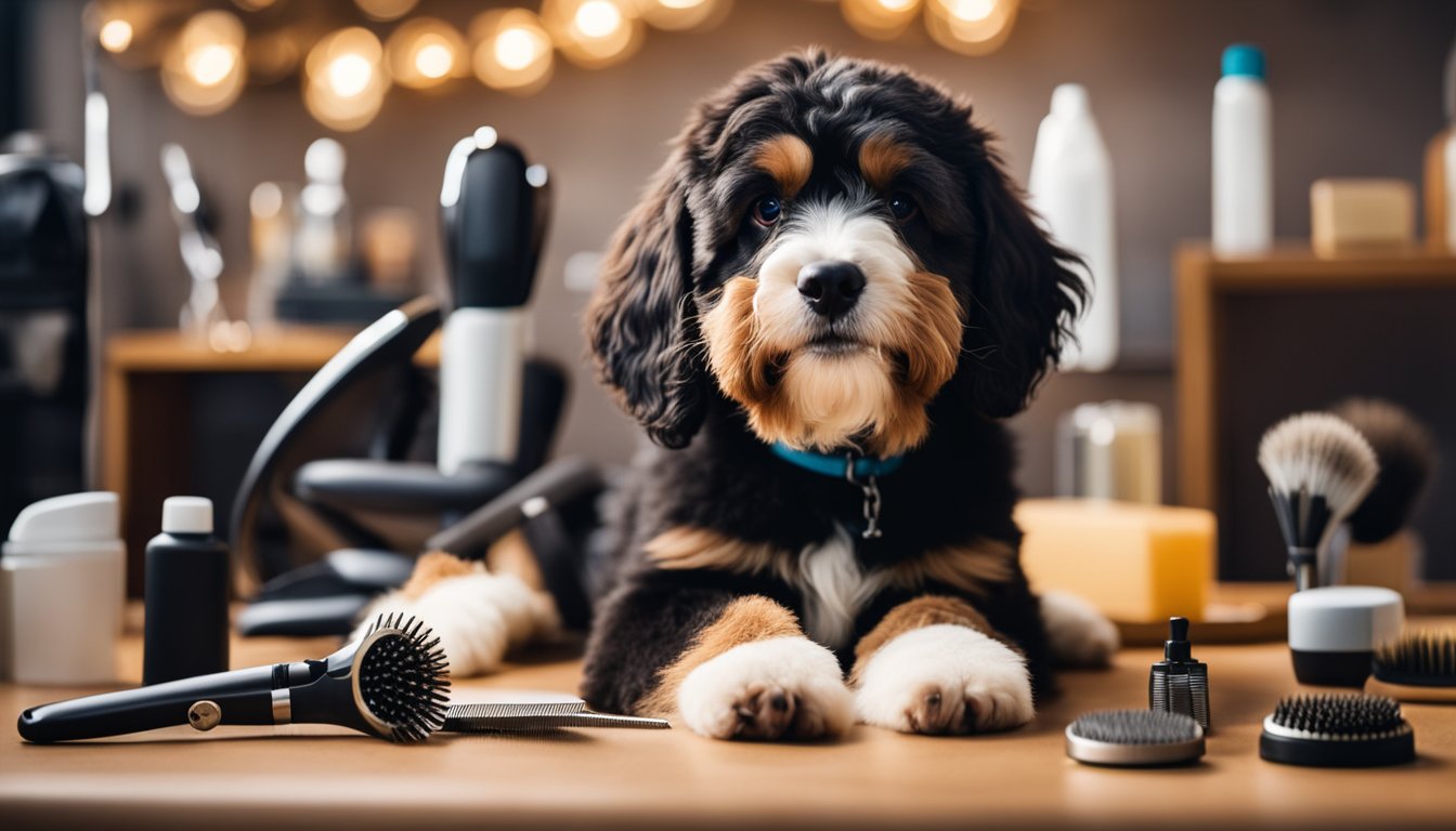 A mini Bernedoodle surrounded by grooming tools, getting a stylish haircut