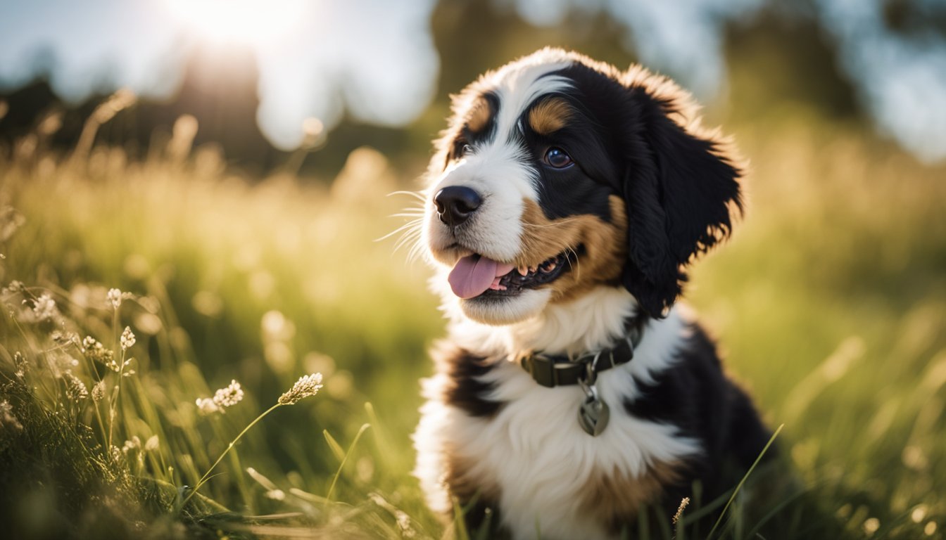 A playful Mini Bernedoodle puppy with a stylish haircut poses in a sunny, grassy field, showcasing its adorable fluffy coat