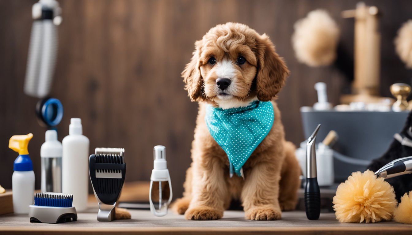 A mini Bernedoodle with a classic teddy bear cut, standing on a grooming table, surrounded by grooming tools and wearing a stylish bandana