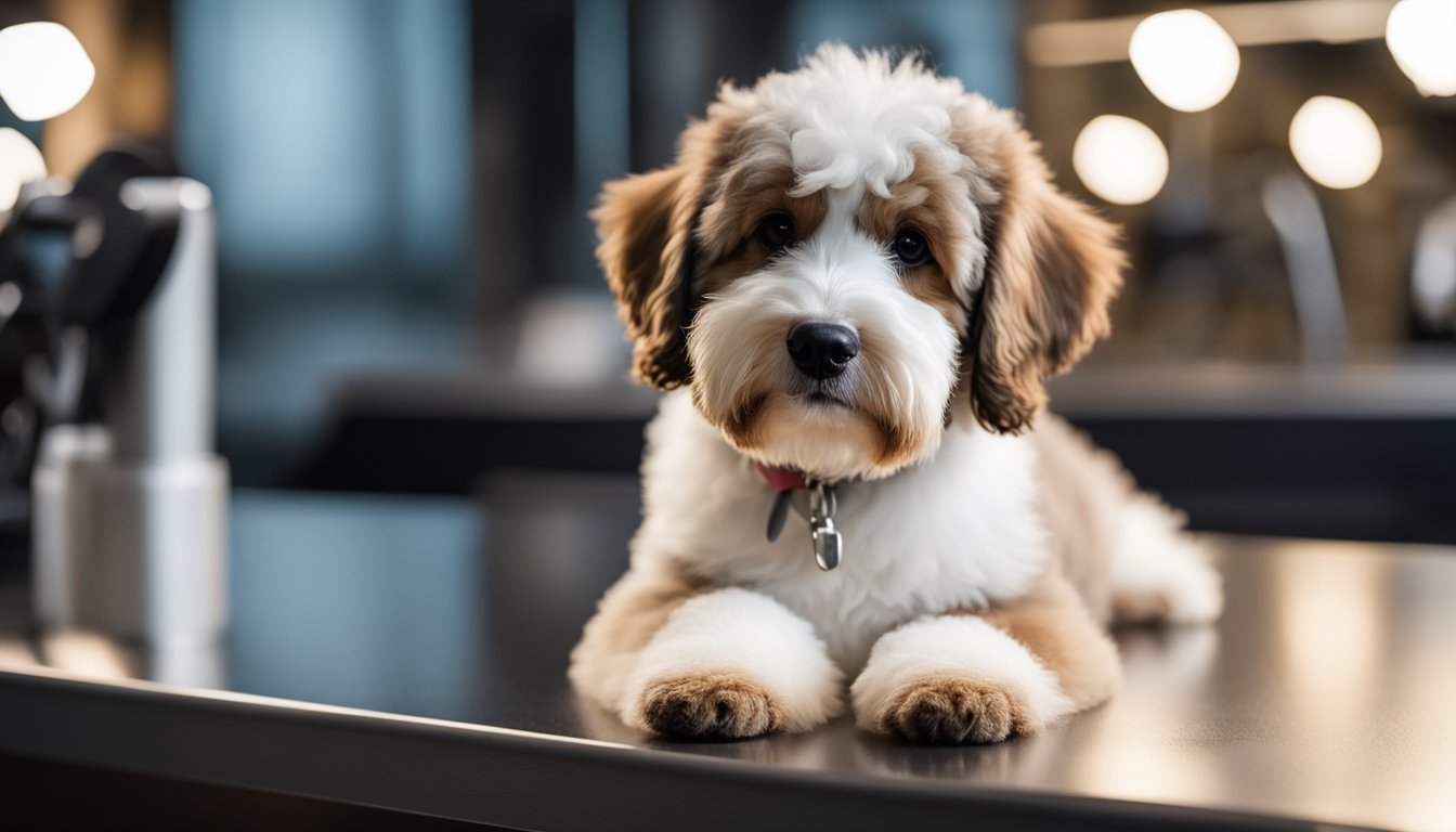 A mini Bernedoodle stands on a sleek grooming table, its fluffy coat expertly trimmed into an elegant and easy-to-maintain style