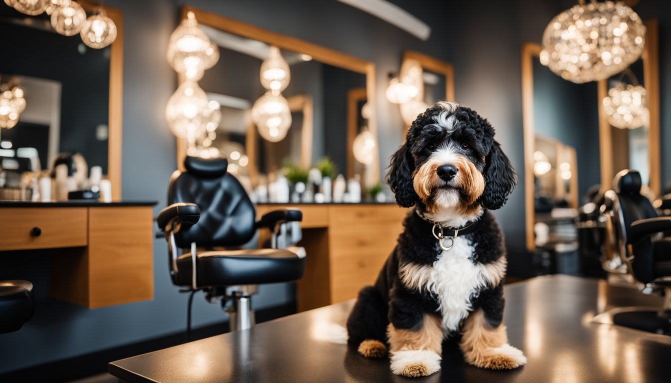 A Mini Bernedoodle sits in a stylish grooming salon, surrounded by grooming tools and a mirror reflecting its freshly trimmed poodle cut