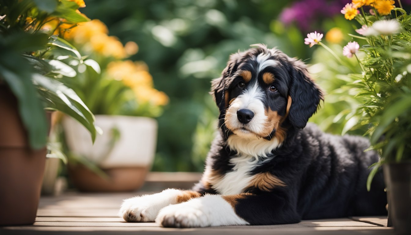 A Mini Bernedoodle lounges in a shaded area, with a fresh summer haircut, surrounded by vibrant greenery and blooming flowers