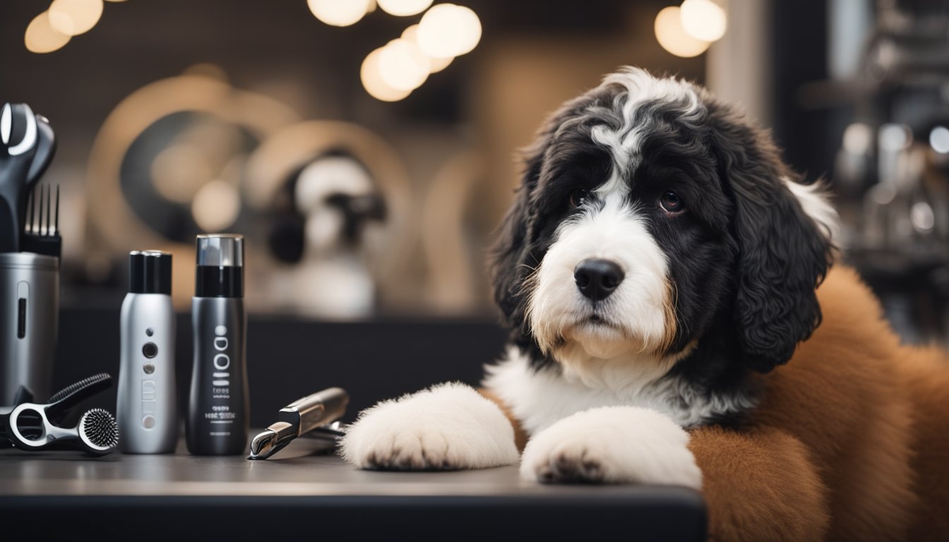 A Mini Bernedoodle sits calmly as a groomer carefully trims its fluffy coat into a stylish custom cut, surrounded by grooming tools and a mirror