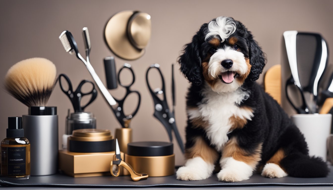 A mini Bernedoodle sits on a stylish grooming table, surrounded by various grooming tools and products. The dog's coat is neatly trimmed and styled in a fashionable haircut