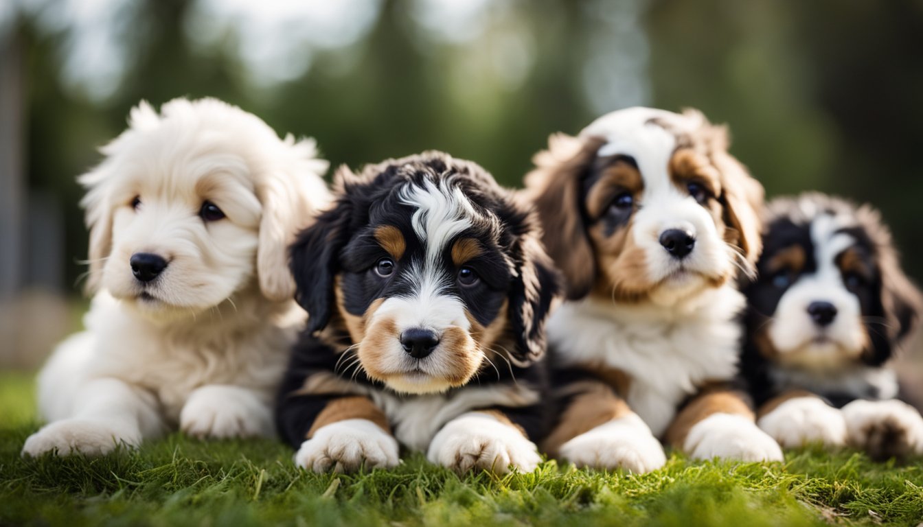 A playful litter of Mini Bernedoodles, each with a unique name tag