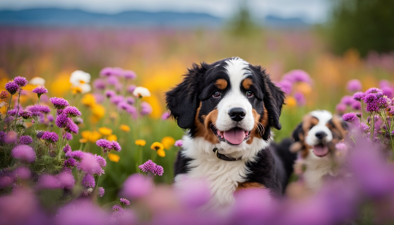 A playful litter of Mini Bernedoodles frolics in a field of colorful wildflowers, while their proud parents watch over them with adoring eyes