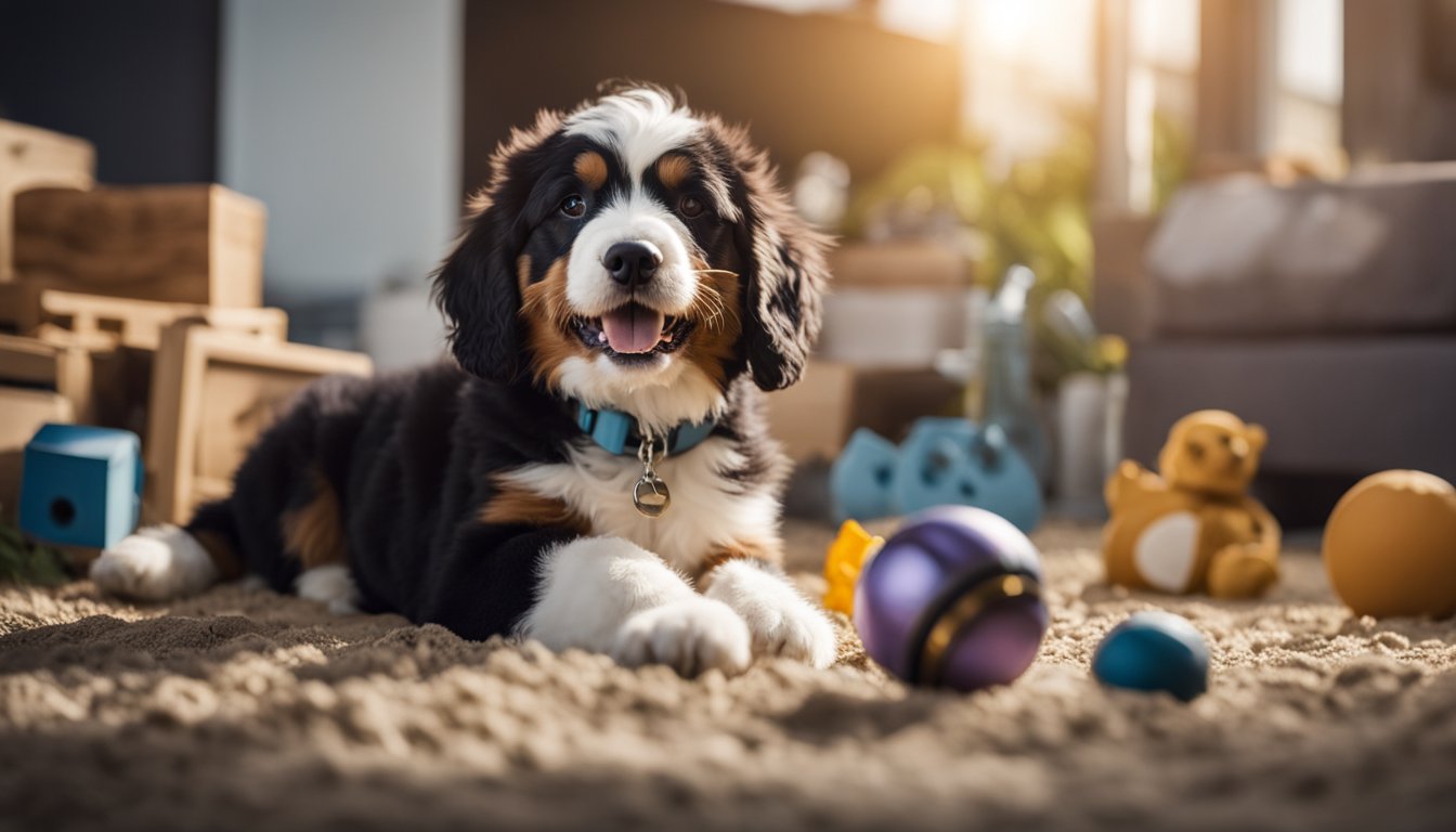 A playful Mini Bernedoodle surrounded by a variety of objects and animals representing potential names, with a sense of energy and excitement