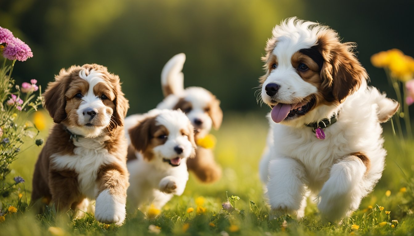 A group of Mini Bernedoodles playing in a grassy field, surrounded by colorful flowers and a clear blue sky above