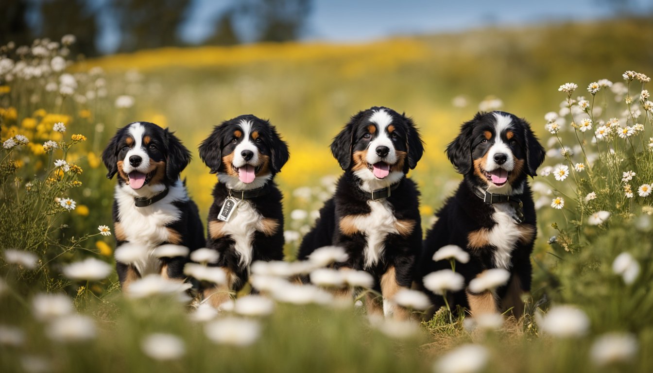 A playful litter of mini Bernedoodles frolic in a field of wildflowers, each with a unique name tag around their necks