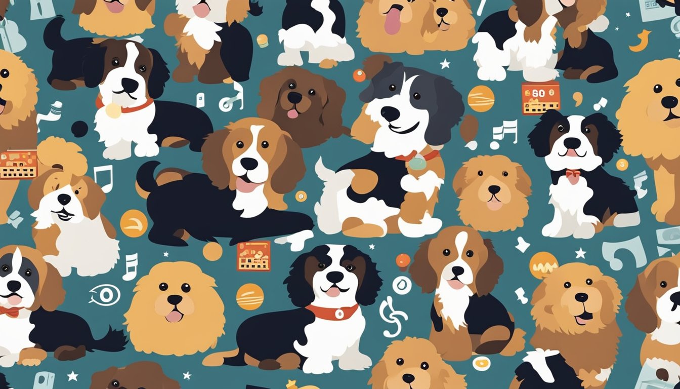 A group of Mini Bernedoodles surrounded by popular culture symbols and references, such as movie posters, music notes, and iconic logos