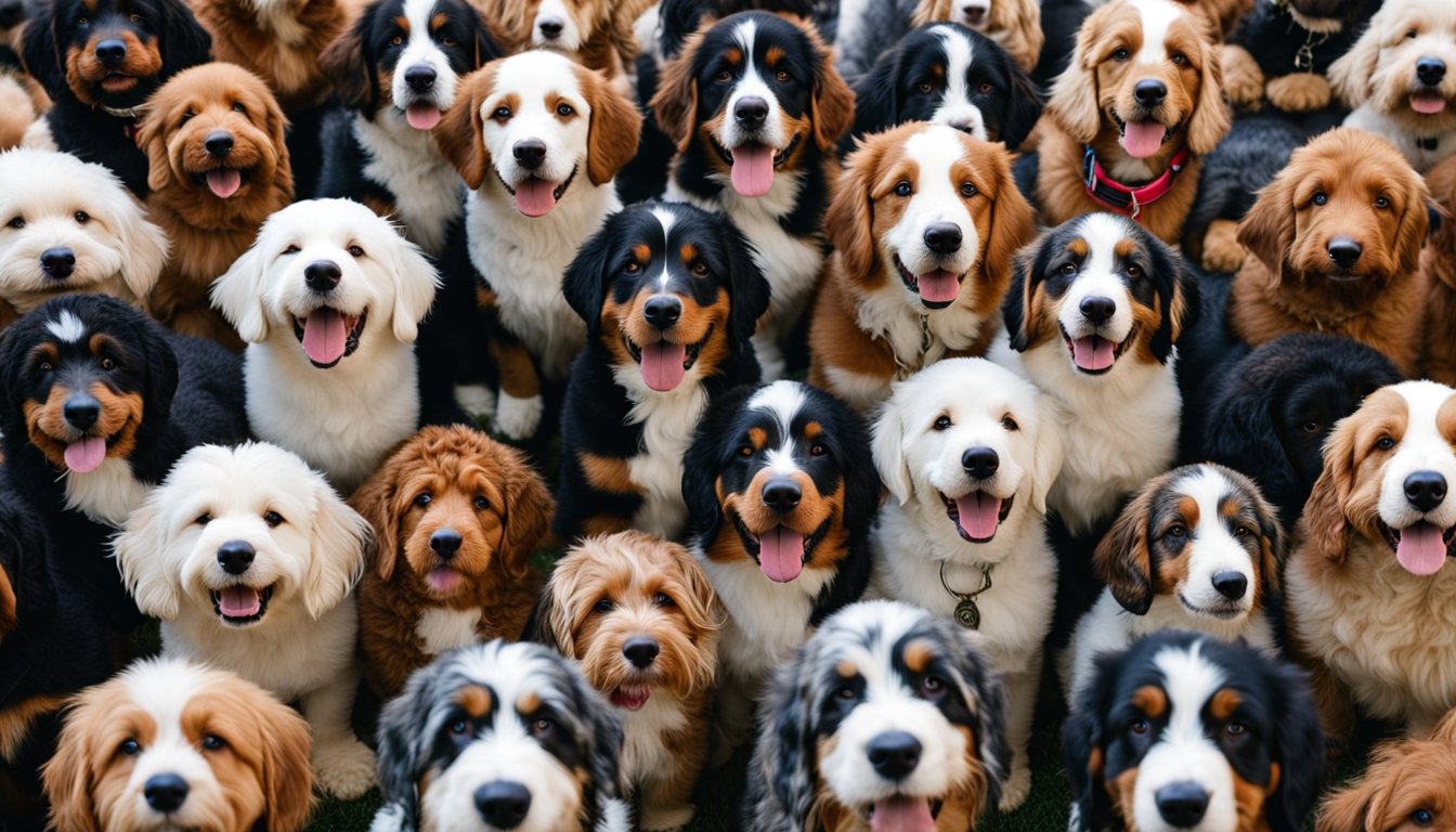 A group of playful mini Bernedoodles of various sizes and temperaments, surrounded by a collection of 200+ name tags