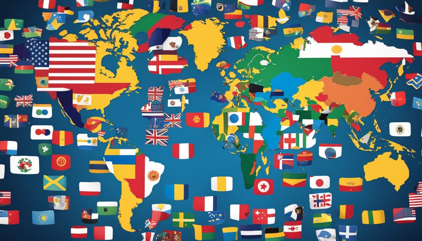 A colorful world map with a globe, passport, and international flags scattered around, surrounded by playful Bernedoodle puppies of various sizes and colors