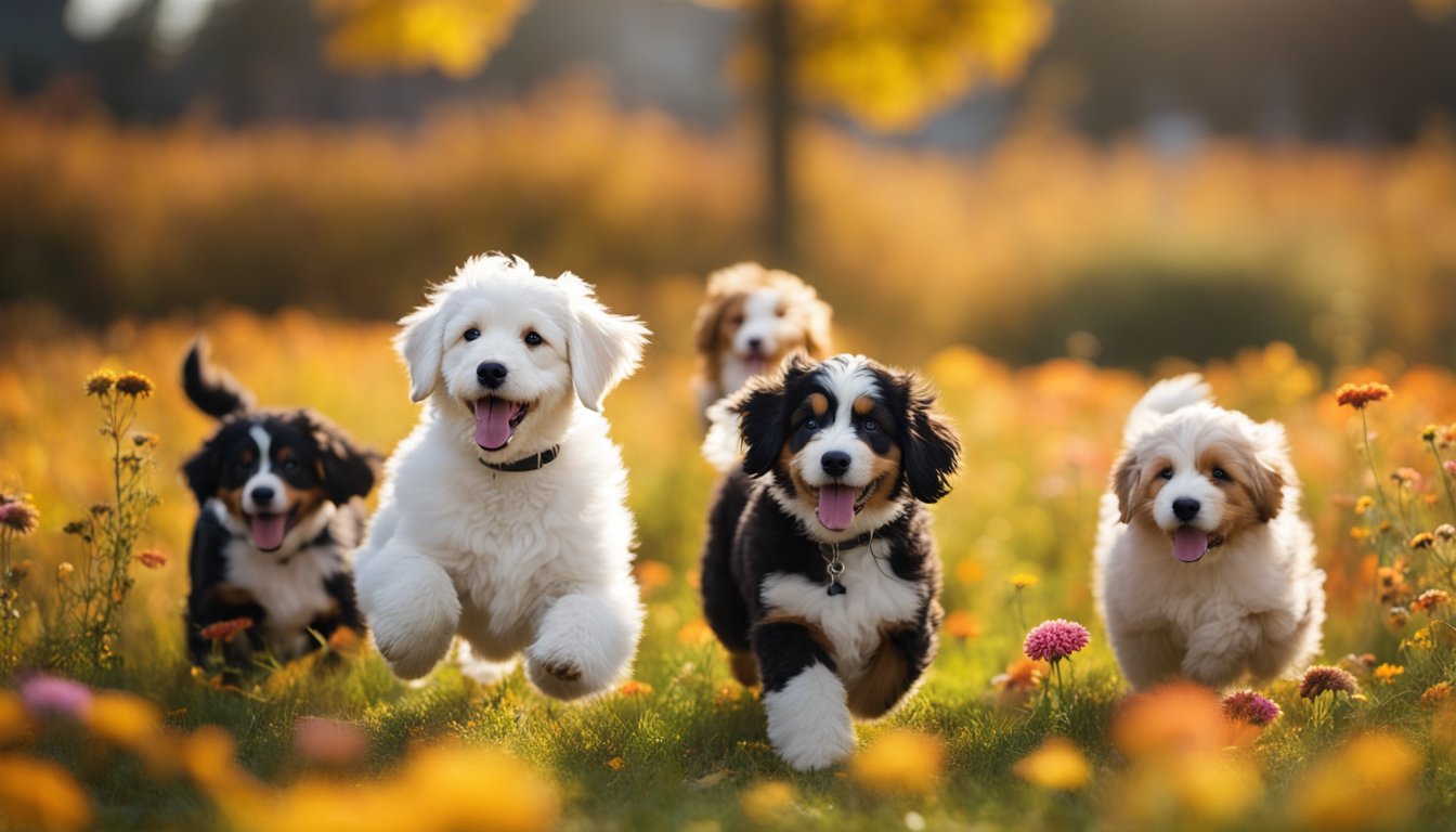 A group of mini Bernedoodles playfully romp through a field of colorful wildflowers, surrounded by vibrant autumn foliage