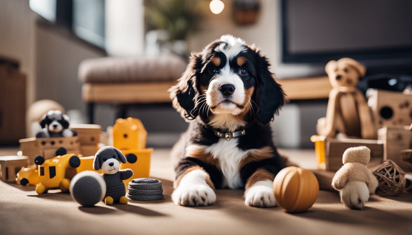 A playful Mini Bernedoodle surrounded by a variety of objects, each representing a different name option