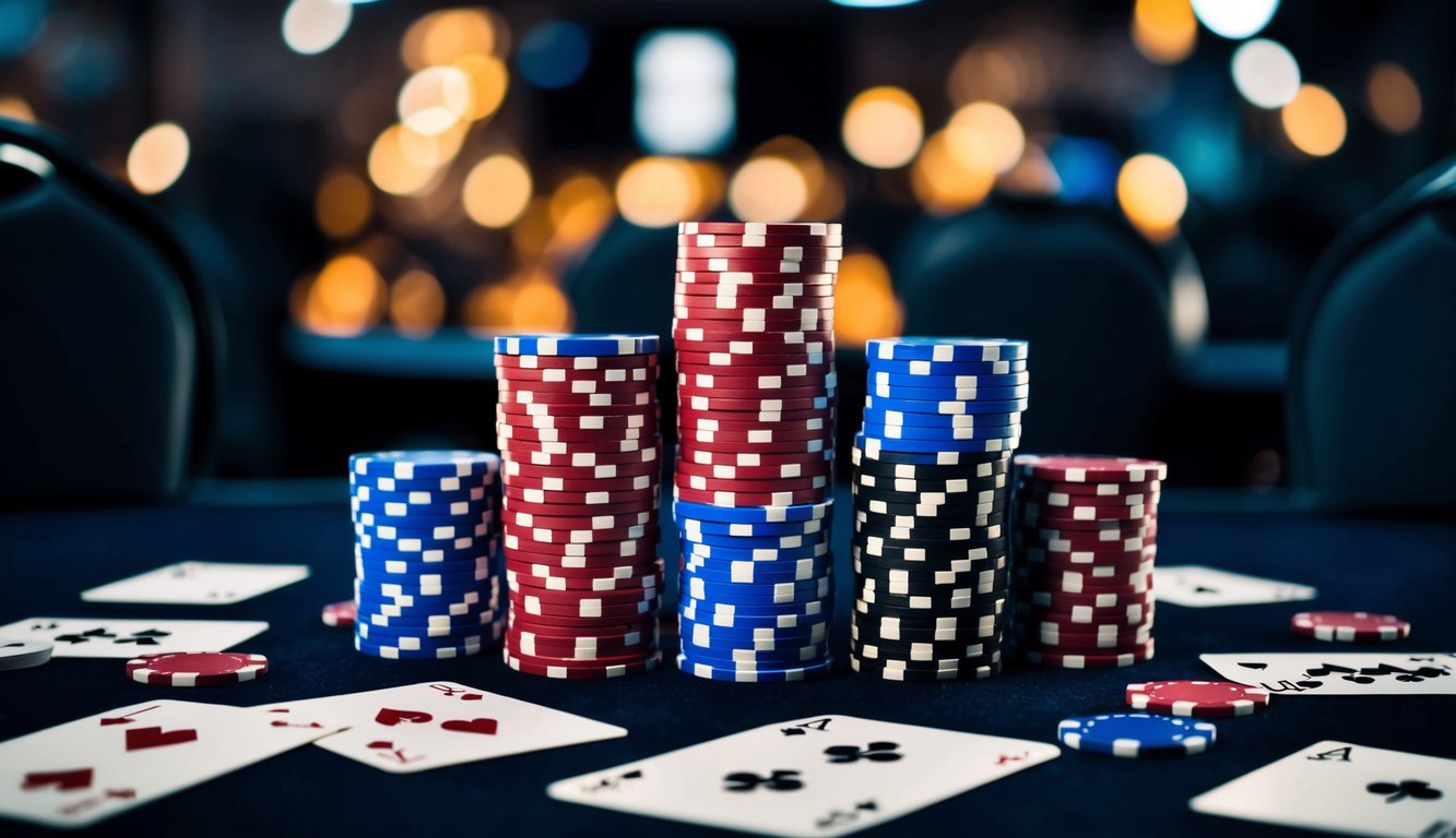 Sekelompok chip poker yang disusun dalam formasi strategis, dengan kartu-kartu yang tersebar di sekitarnya, menggambarkan permainan poker online yang kompetitif dan intens.